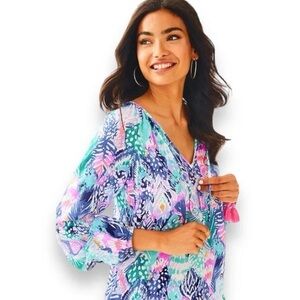 LILLY PULITZER Willa Top Quill Out Poet Long Sleeve Sheer Blouse Size large